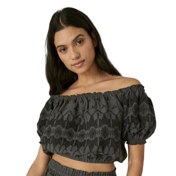 Lucky Brand Black Eyelet Cropped Off-Shoulder Top XL Cotton Blend Womens Blouse‎ - Picture 1 of 4